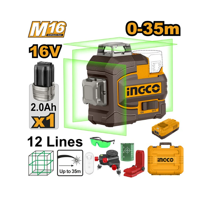 Nivel Laser Autonivelante 35mts 12 Lineas Verde + Bateria Ingco 1