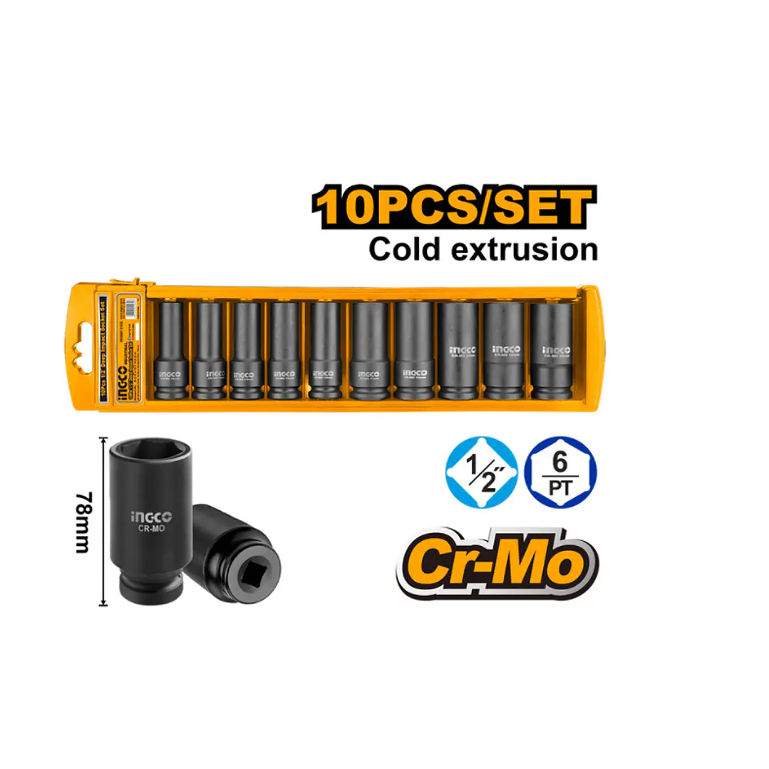 Set Dados Largos 1/2 Llave De Impacto 10 Pcs Ingco  1
