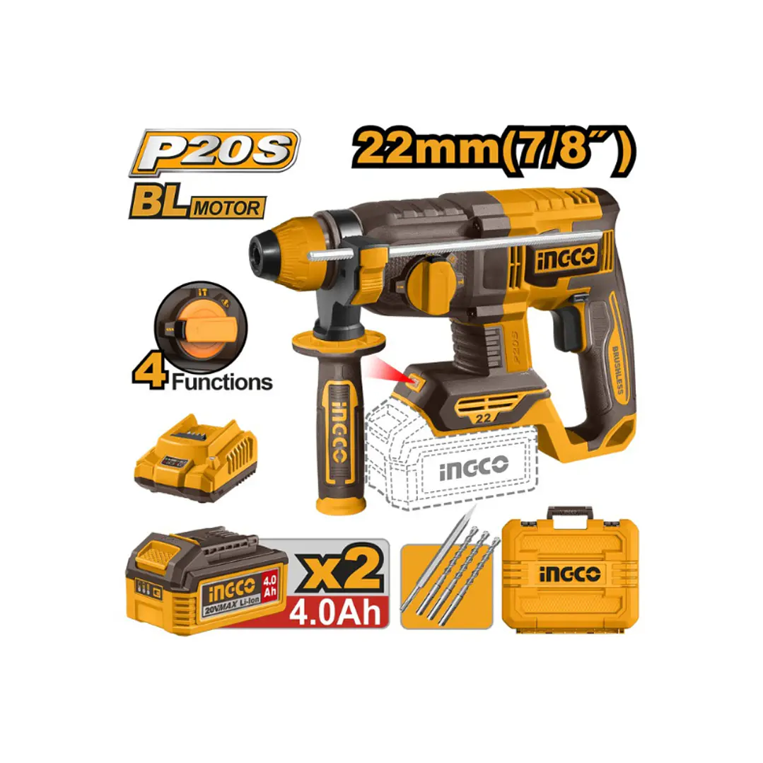 Rotomartillo Industrial +bat 4ah Y Carg Sds Plus 20v/2,0j Ingco 1