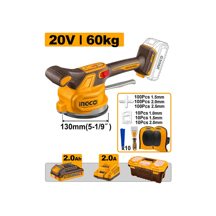 Ventosa Vibradora Para Ceramica + Bat. 2Ah + Carg 20v + Maleta + Rodillera Ingco 1