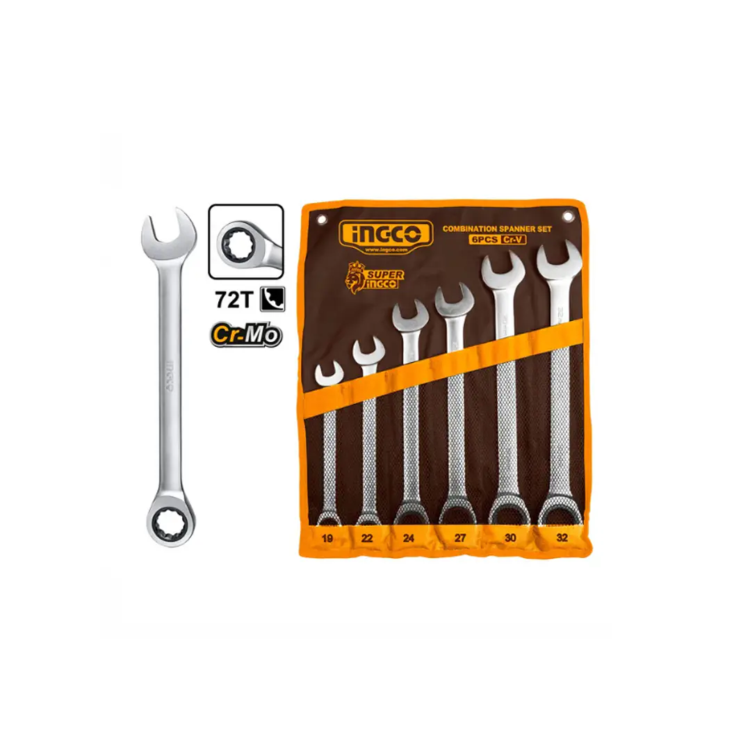Set Llaves Punta Corona Con Chicarra 19-32mm 6 Pcs Ingco 1