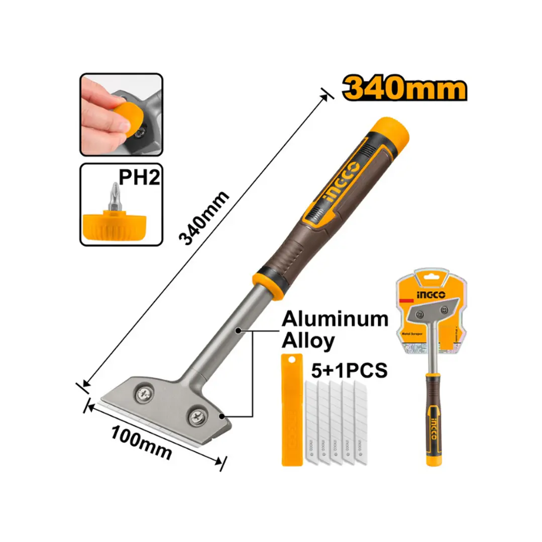 Raspador Metalico Vidrio Piso 340mm + 6 Hojas  Ingco 1
