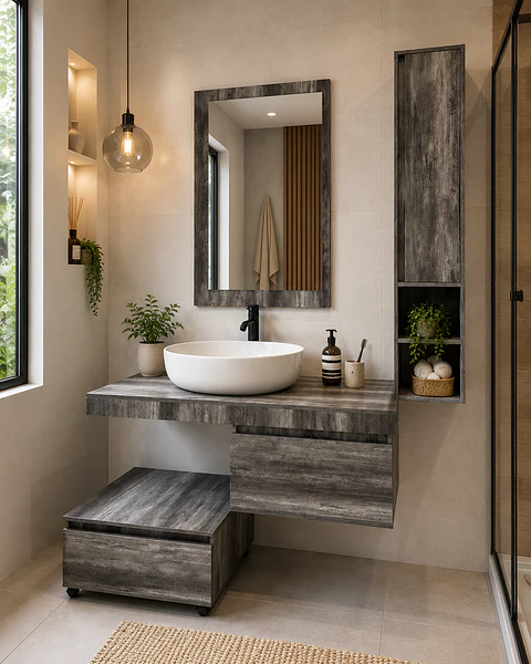 Mueble vanitorio con espejo, estante y mueble auxiliar 