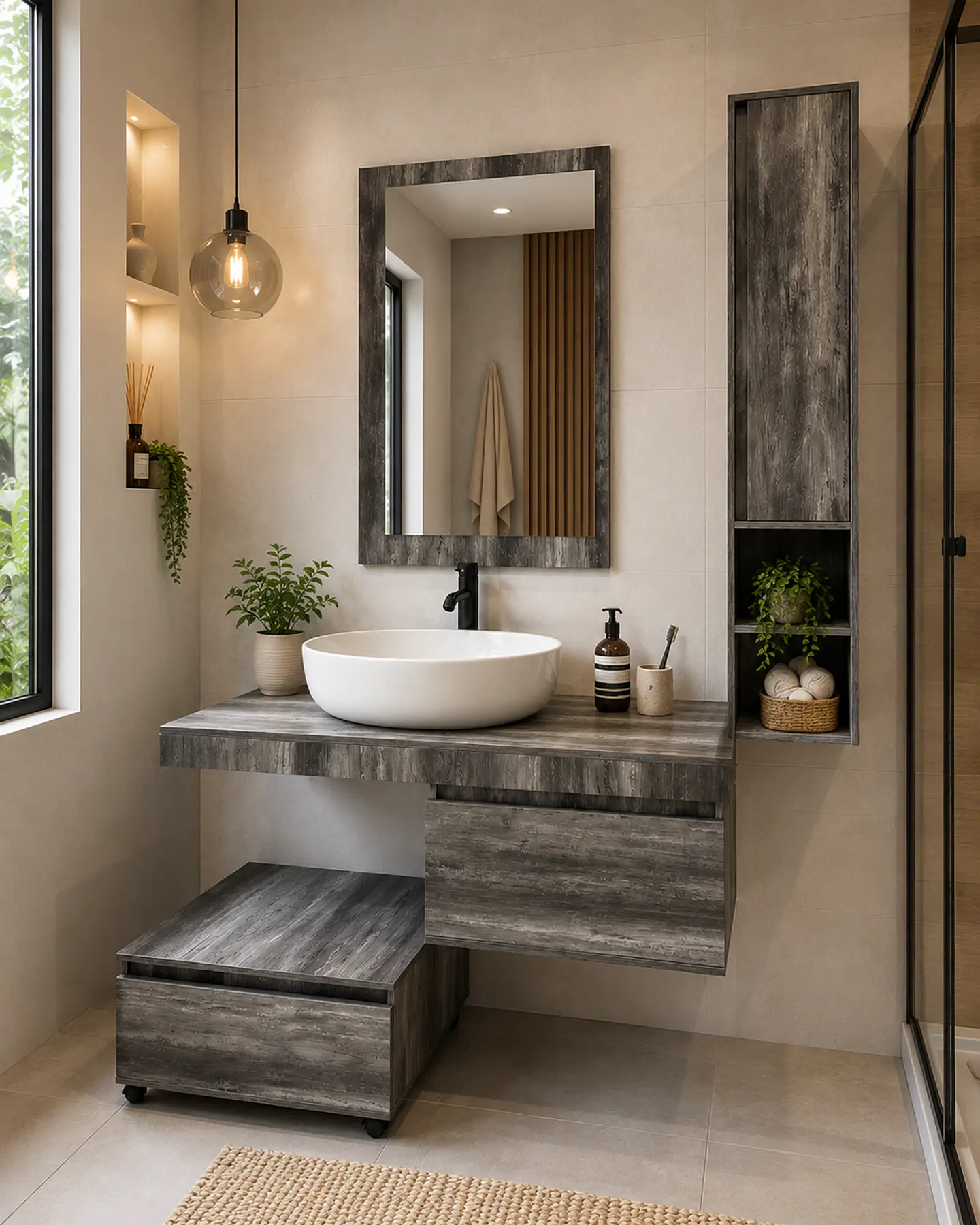 Mueble vanitorio con espejo, estante y mueble auxiliar  2
