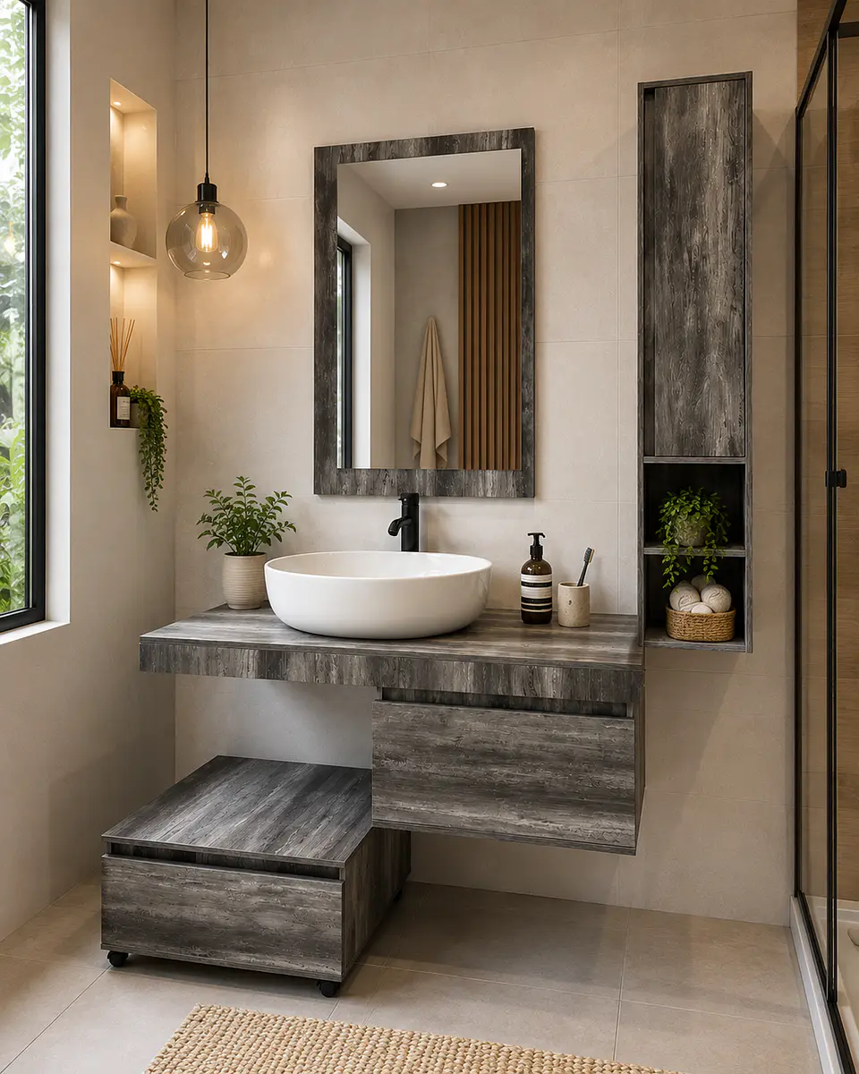 Mueble vanitorio con espejo, estante y mueble auxiliar  2