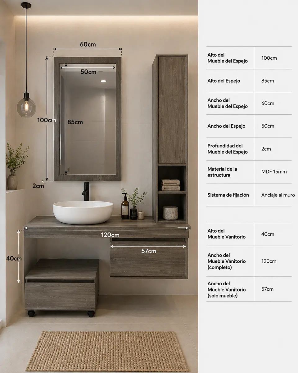 Mueble vanitorio con espejo, estante y mueble auxiliar  3