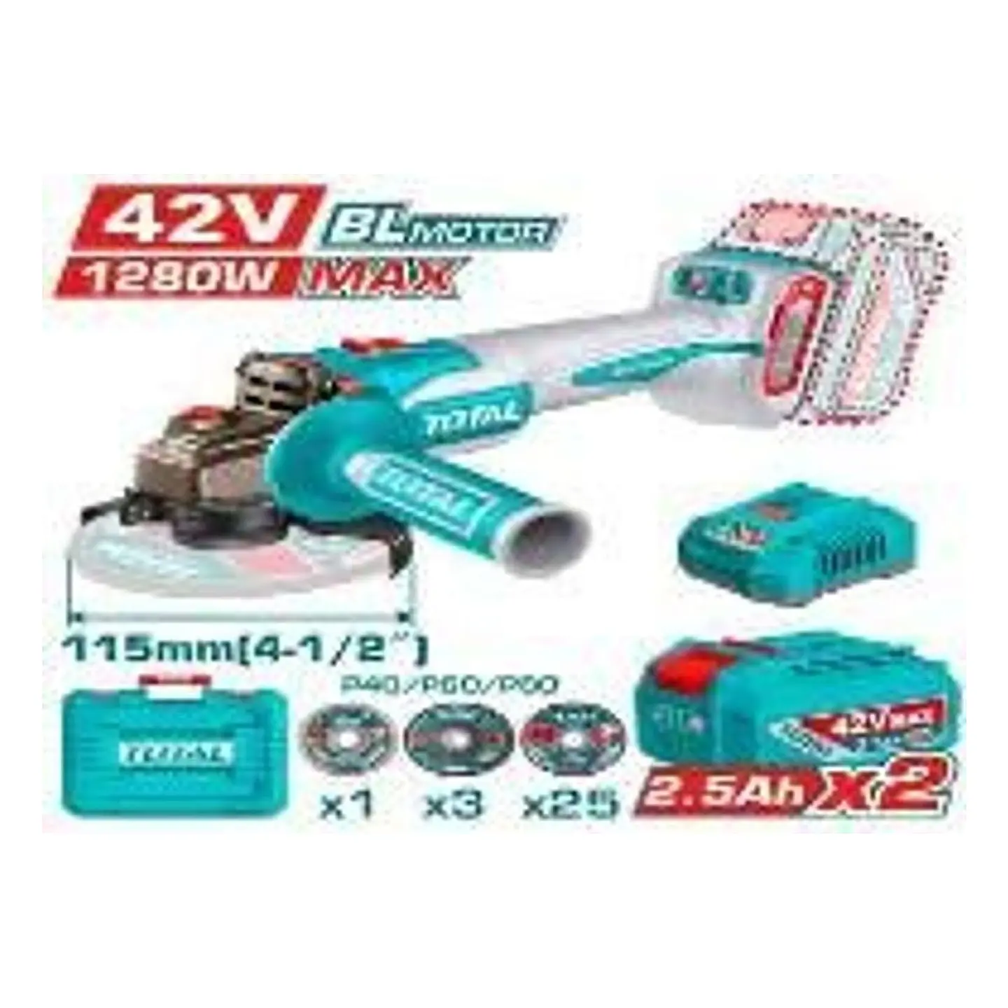 ESMERIL ANGULAR INAL 42V 115MM 1280W+CARGY BAT 1