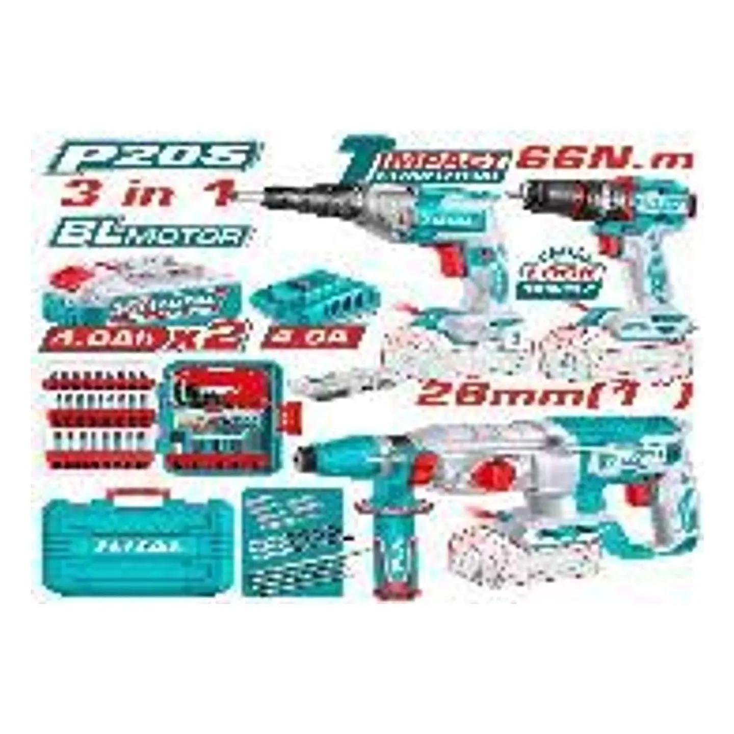 KIT TALADRO + ROTOMARTILLO + AROTNILLADOR INALAMB POR 3PCS T 1