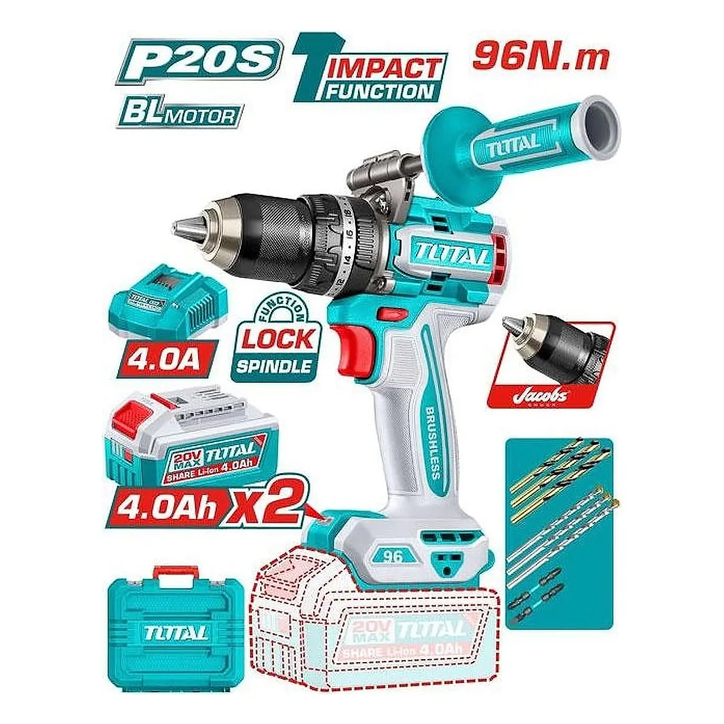 TALADRO INAL DE IMPACTO 13MM 20V 96NM + BAT Y CARG TOTAL 1