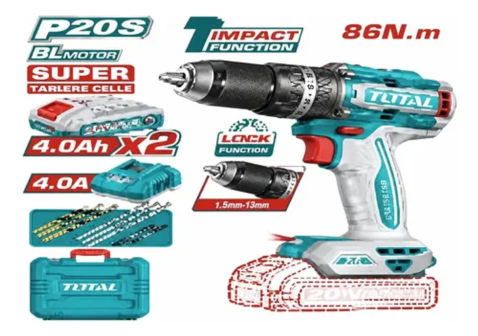 TALADRO INAL DE IMPAC 13MM 20V 86NM +BATYCAR TOTAL 1