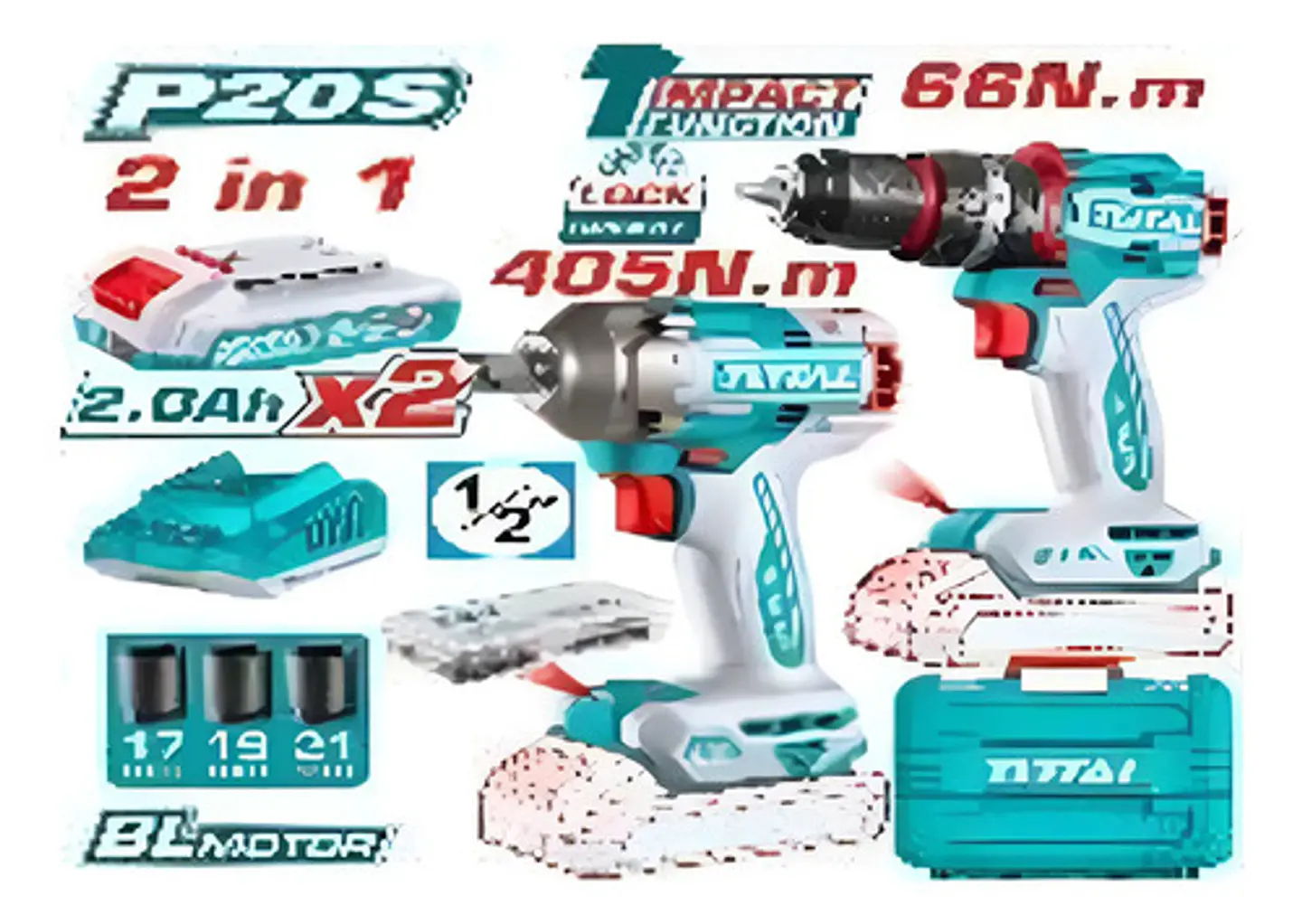 KIT TALADRO IMPACTO + LLAVE DE IMPACTO 20V TOTAL 1