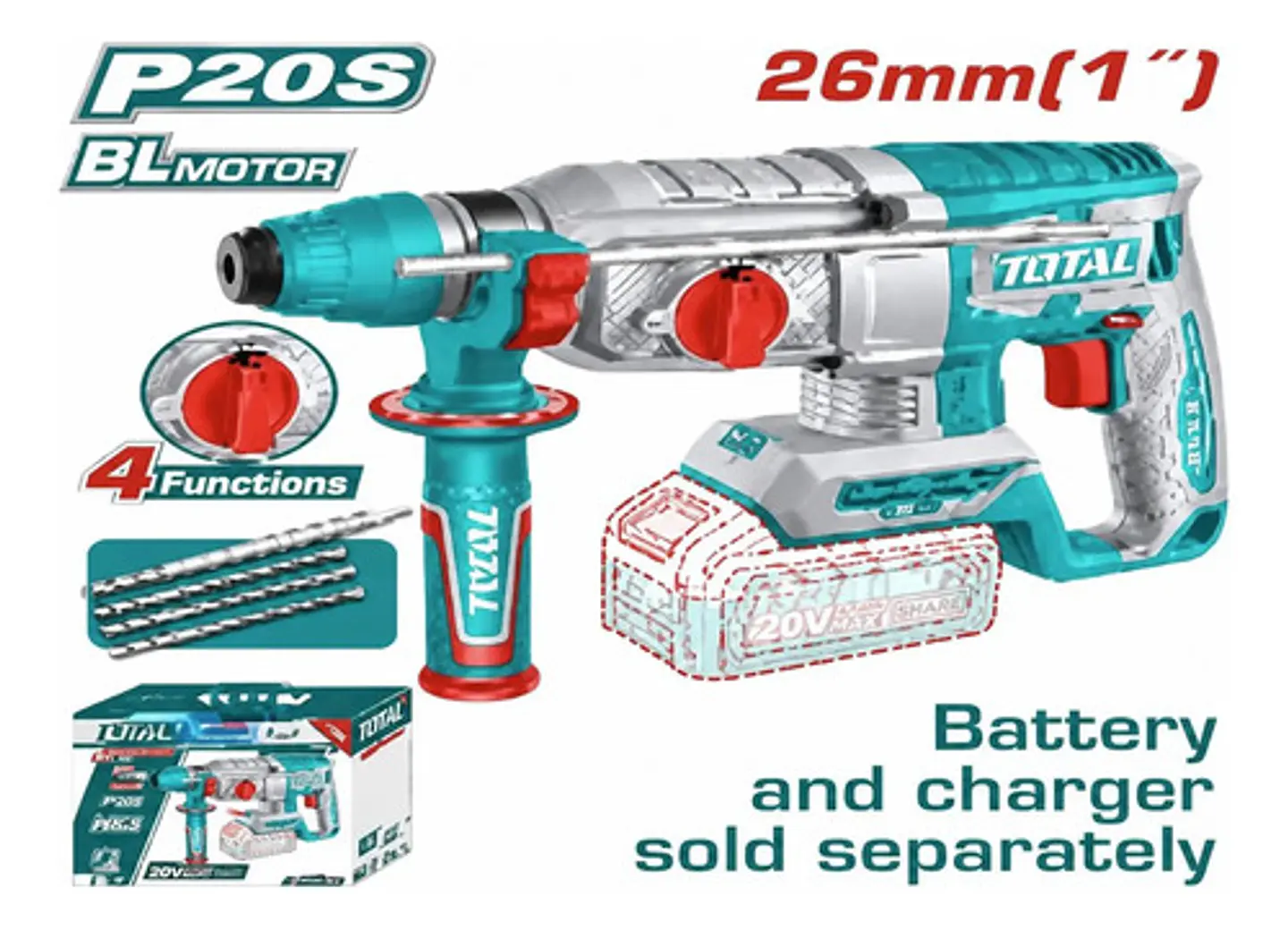 ROTOMARTILLO INALAMBRICO 20V 26MM 2.5J SDS PLUS TOTAL 1