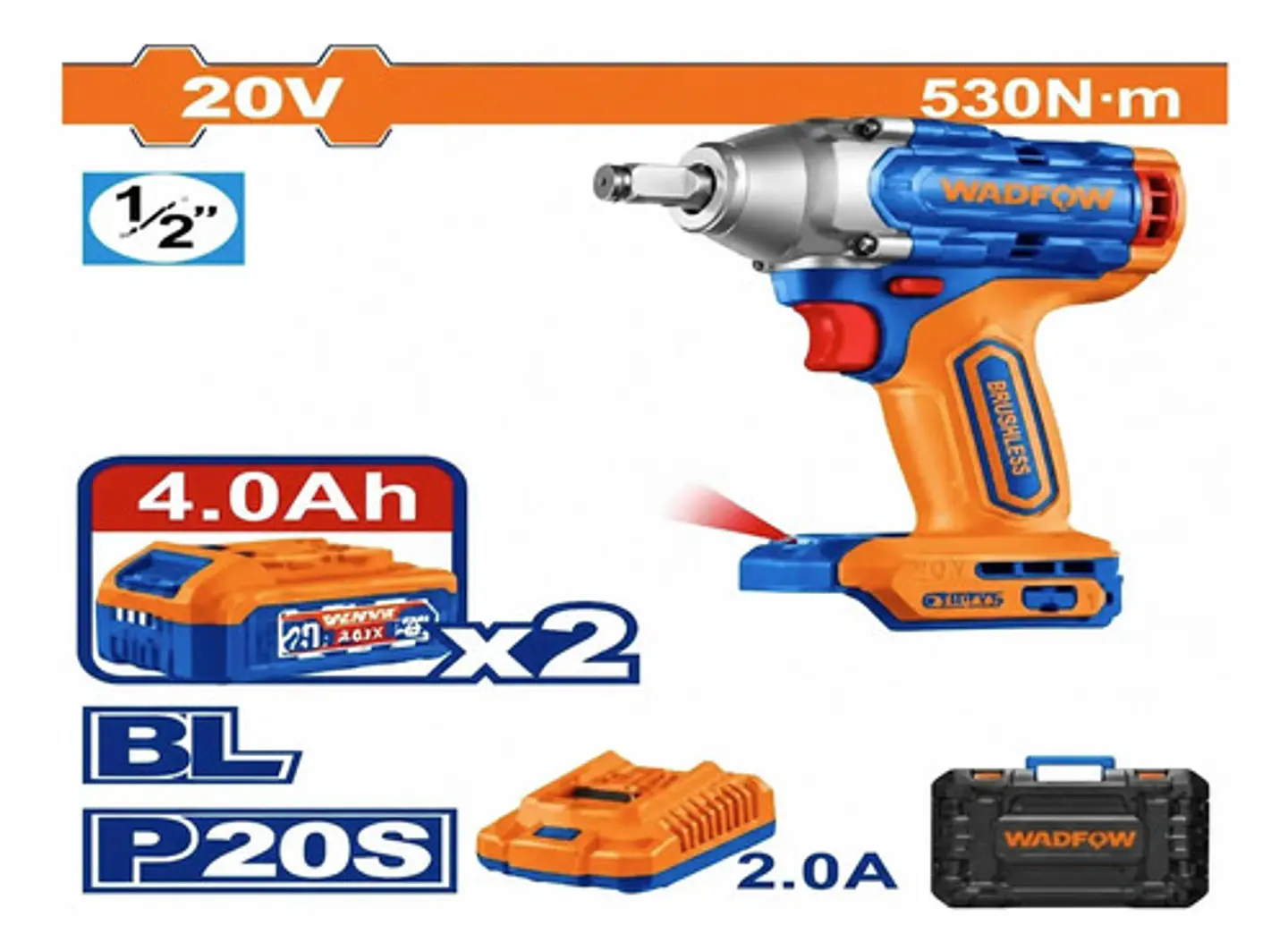 LLAVE DE IMPACTO 1/2 530NM 20V 2 BATERIA Y CARGADOR WADFOW 1