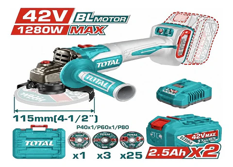 ESMERIL ANGULAR INAL 42V 115MM 1280W+CARGY BAT