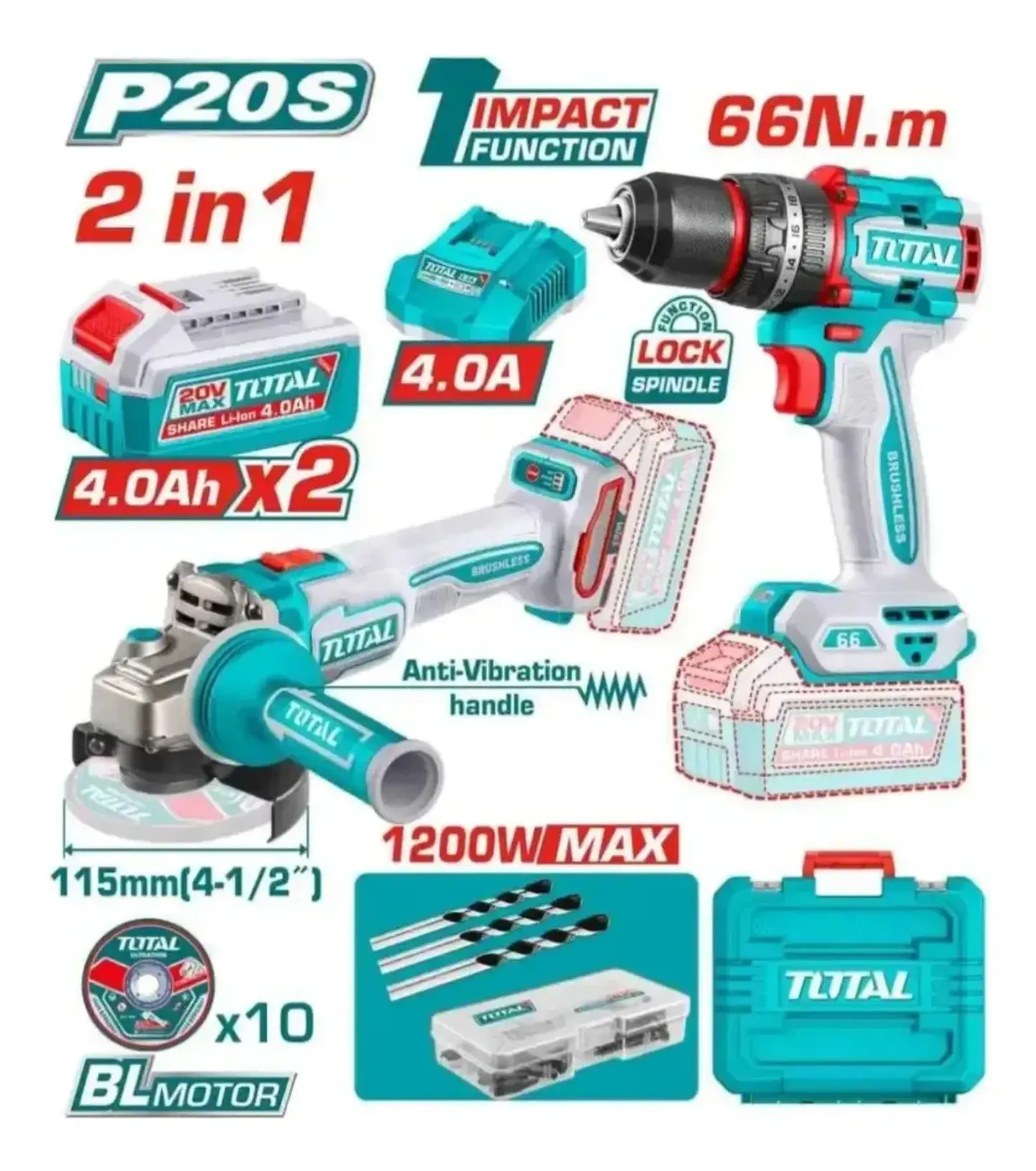 KIT TALADRO 66NM + ESMERIL INALAMBRICO 20V TOTAL 1