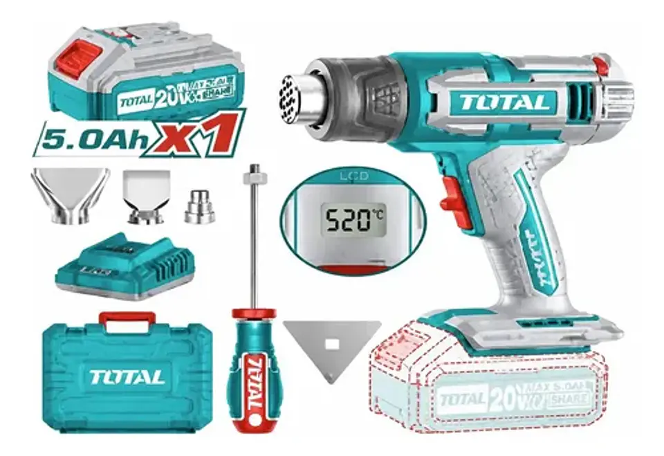 PISTOLA CALOR INALAMBRICO 20V CON BAT Y CARG TOTAL 1
