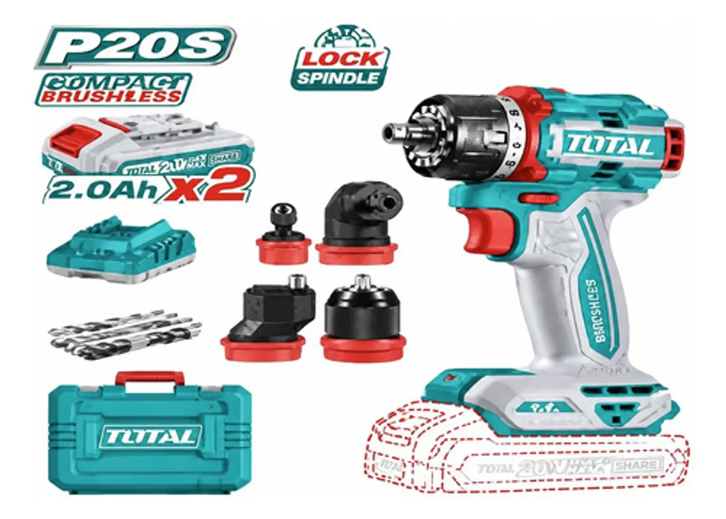 TALADRO INALAMBRICO MULTICABEZAL 66NM 20V TOTAL 1