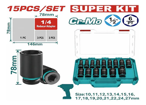 JGO DADOS IMPACTO PROFUNDO POR 15 PCS 1/2" TOTAL