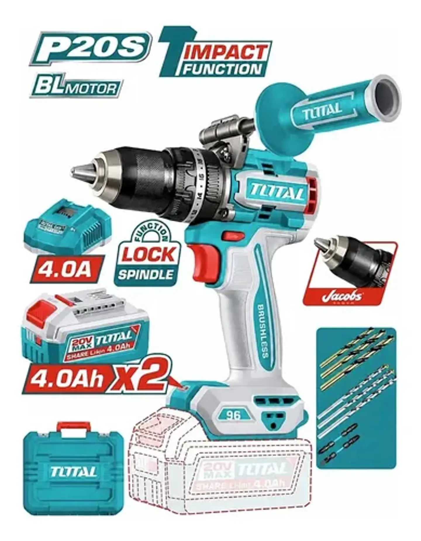 TALADRO INAL DE IMPACTO 13MM 20V 96NM + BAT Y CARG TOTAL 1