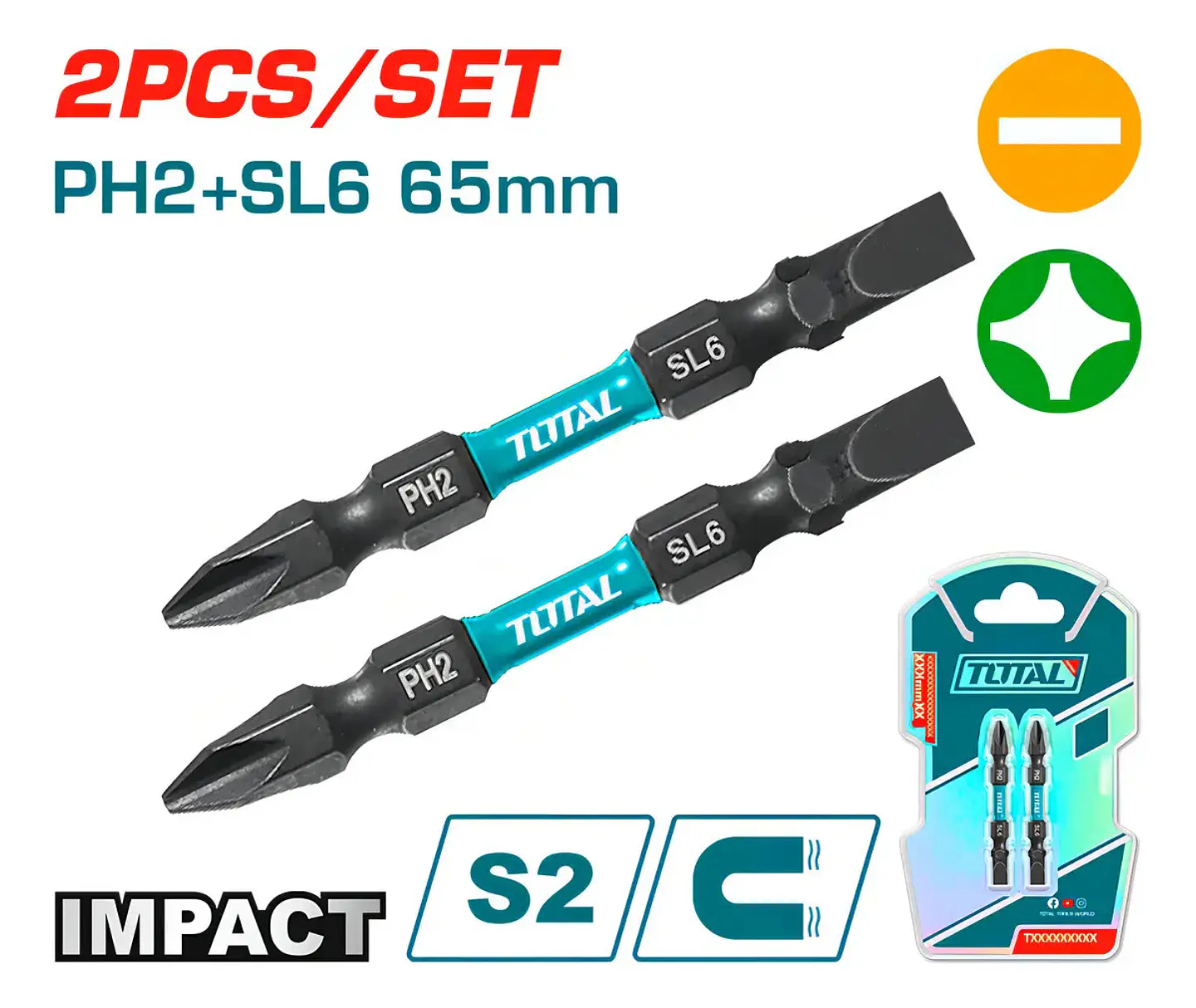 JGO PUNTAS DESTORNILLADOR 2PCS PH2+SL6 65MM TOTAL 2