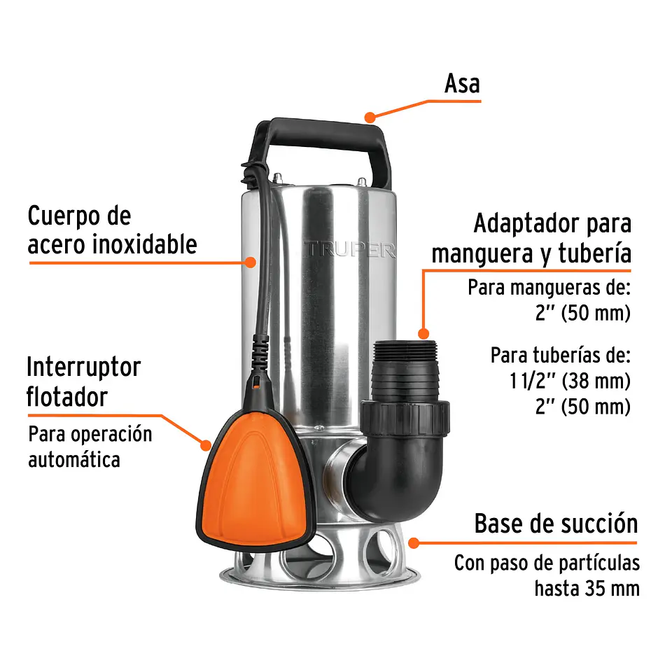 Bomba sumergible para agua sucia, cuerpo de acero inoxidable marca TRUPER 2