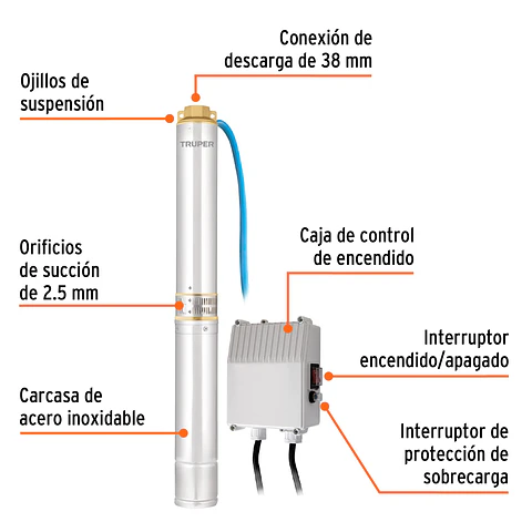 Bomba sumergible tipo bala 4", 1-1/2HP, uso agrícola, TRUPER