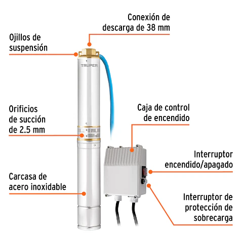 Bomba sumergible tipo bala 4", 2HP, uso agrícola, TRUPER