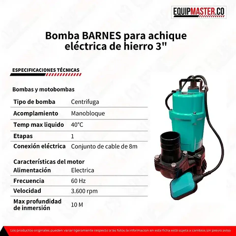 Bomba Sumergible 3″ BARNES E0928 110v Monofasica de hierro, 1.0Hp