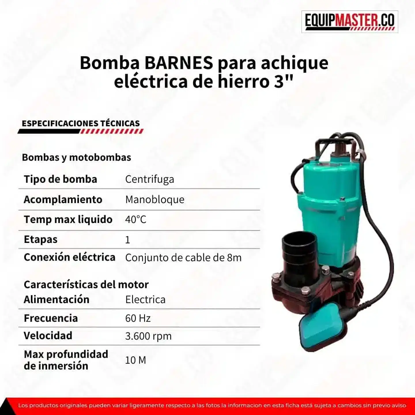 Bomba Sumergible 3″ BARNES E0928 110v Monofasica de hierro, 1.0Hp 2