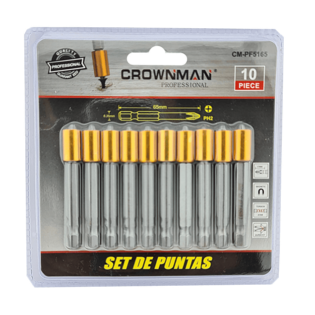 Juego 10 Puntas Phillips Hexagonal Magnetico Crownman