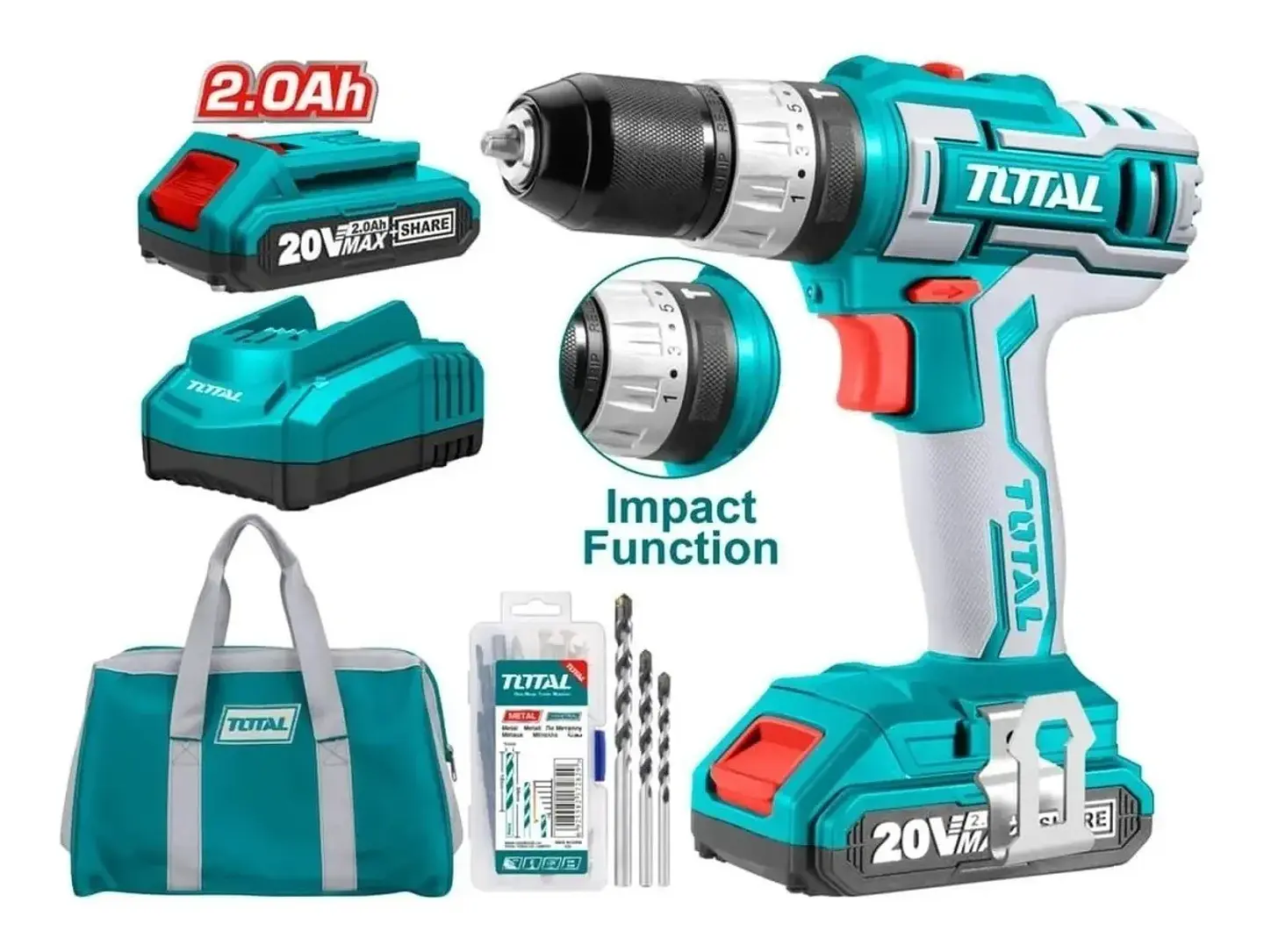 Taladro Atornillador Percutor 10mm 2 Bat 20v Total Tidli2002 1
