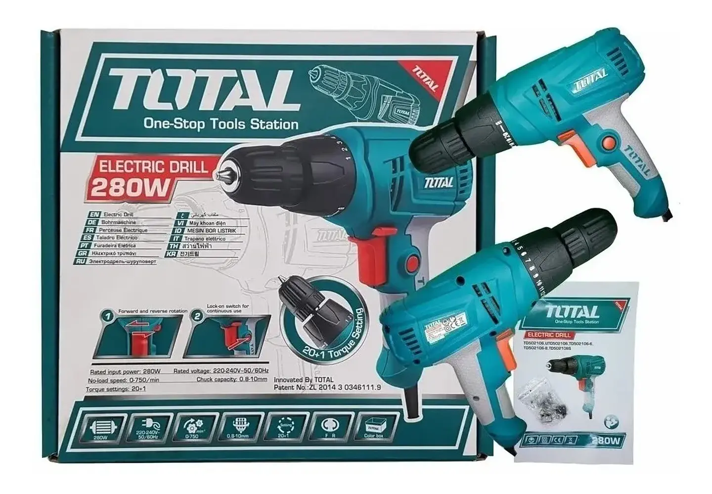 Taladro Atornillador Eléctrico 10mm 280w Total Td502106 3