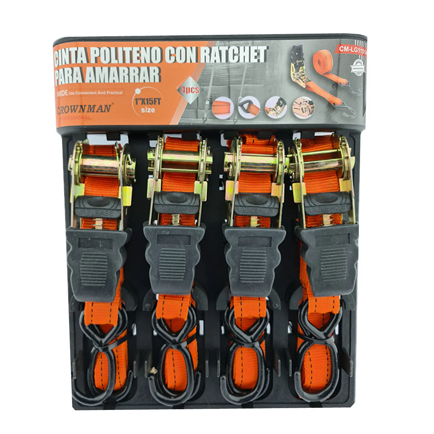 Juego 4 Eslinga Cinta Amarre Con Ratchet 1 Pulgx15 Ft Crownman 1