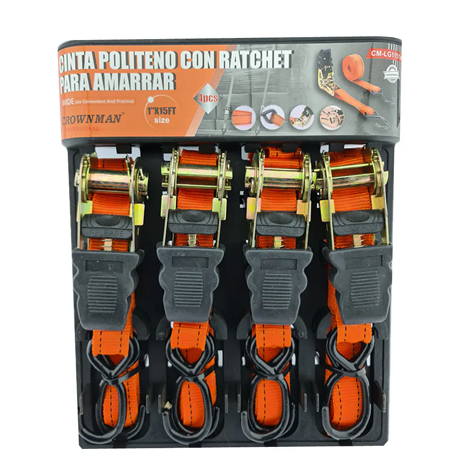 Juego 4 Eslinga Cinta Amarre Con Ratchet 1 Pulgx15 Ft Crownman 1