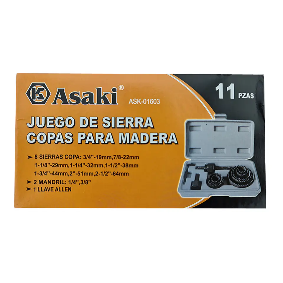 Juego Hoja Broca Sierra Copa Para Madera 11 Piezas Asaki 4