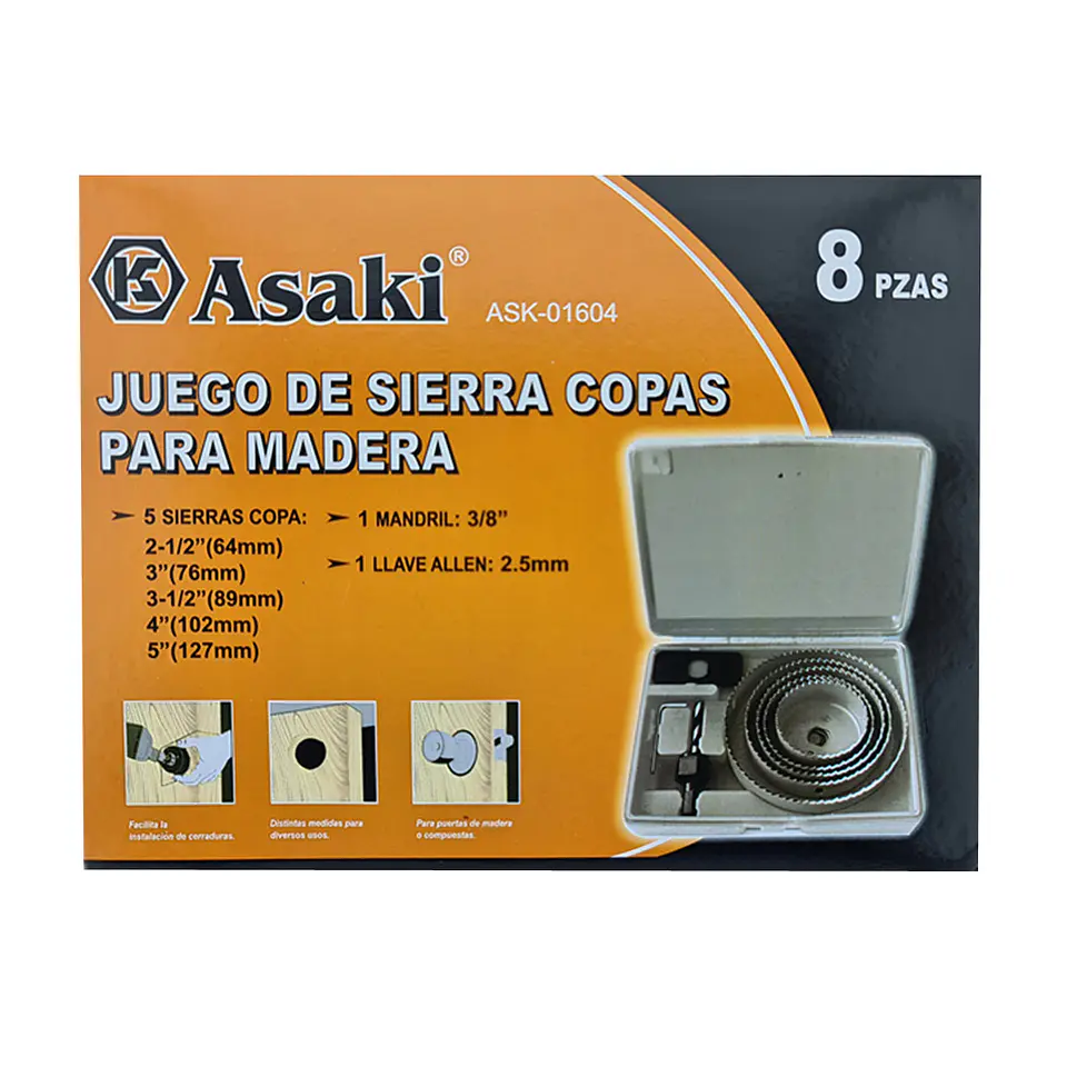 Juego Hoja Broca Sierra Copa Para Madera 8 Piezas Asaki 4