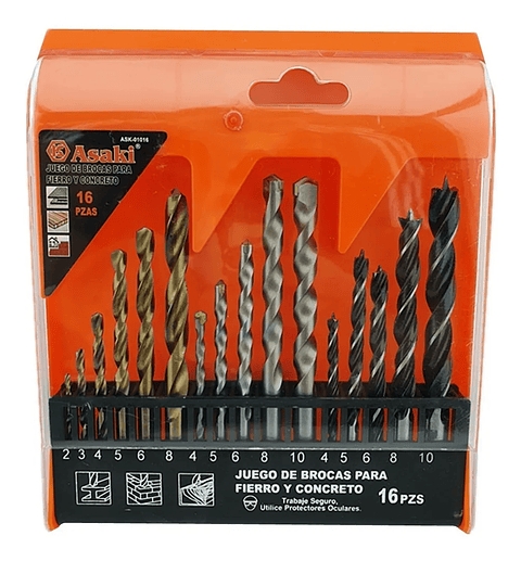 Juego De Brocas Para Madera Cemento Metal 16 Piezas Asaki