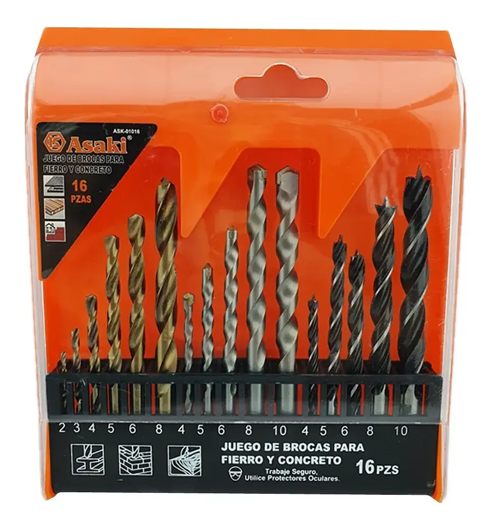 Juego De Brocas Para Madera Cemento Metal 16 Piezas Asaki 1