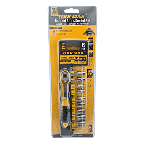 Set Kit Juego Dados Y Puntas Cuadrante 1/4 19 Piezas Toolmak