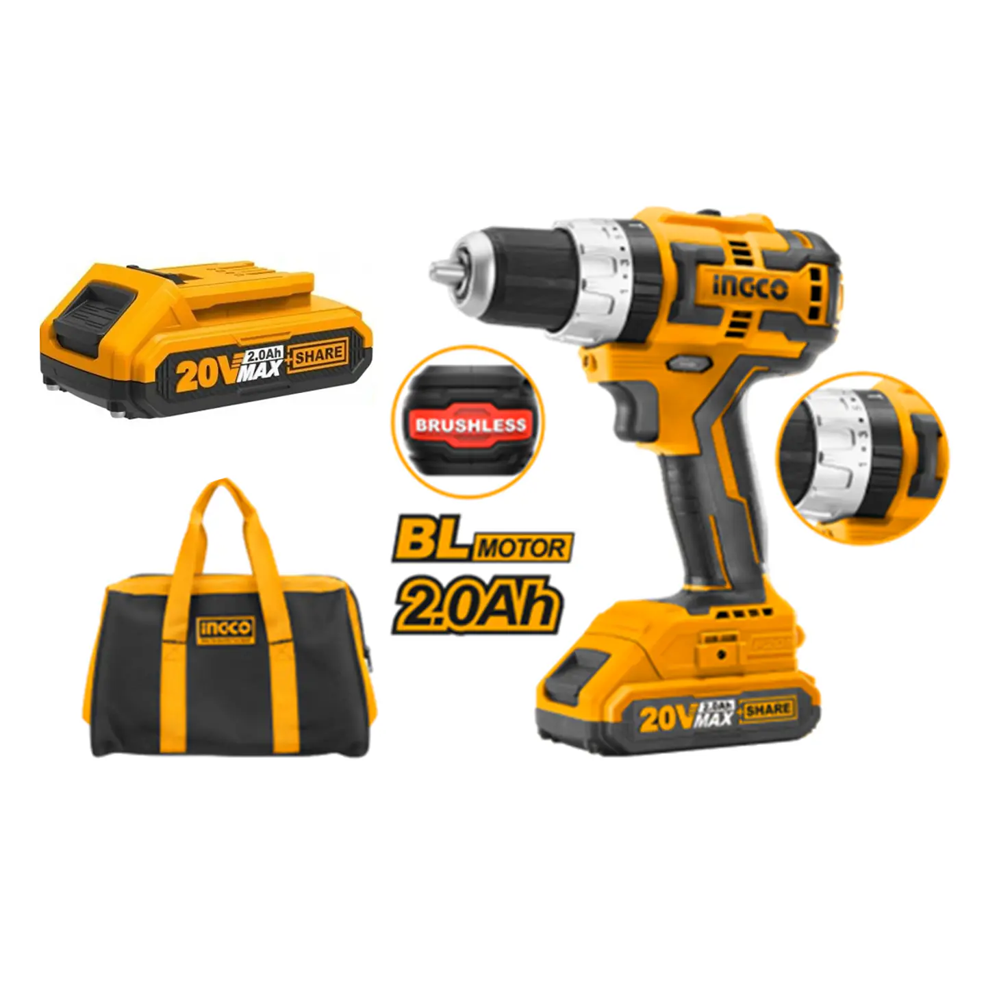 Taladro Atornillador Percutor 13mm 2bat 20v Ingco Cidli20608 1