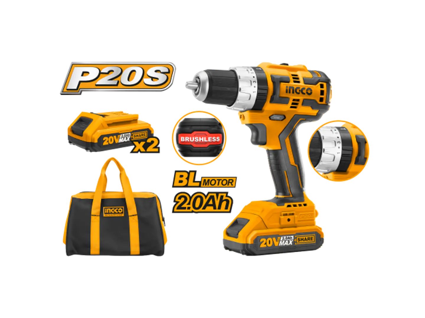 Taladro Atornillador Percutor 13mm 2bat 20v Ingco Cidli20608 2