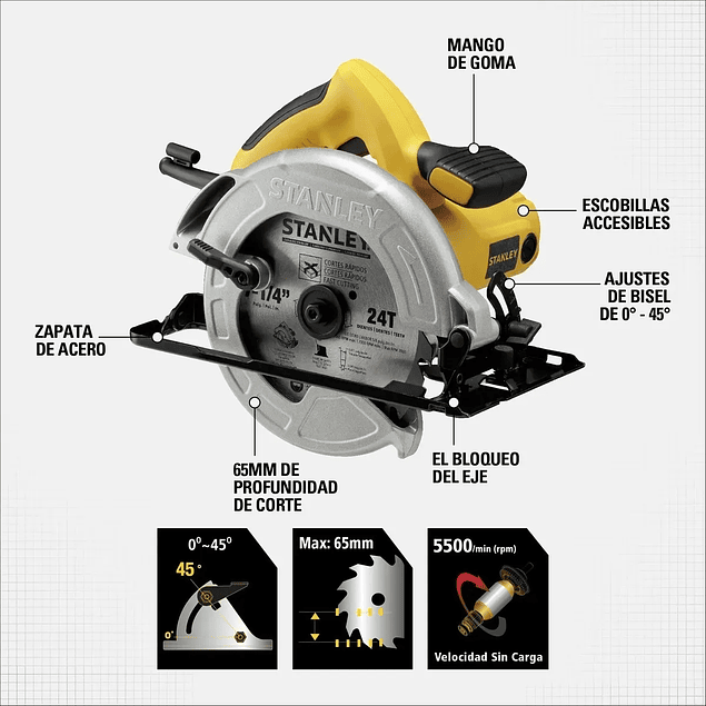 Sierra Circular 1600w 7 1/4 PuLG 184mm Stanley Sc16d2-b2c