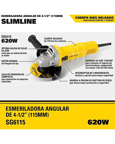 Galletera Esmeril Angular 4 1/2 115mm 620w Stanley Sg6115