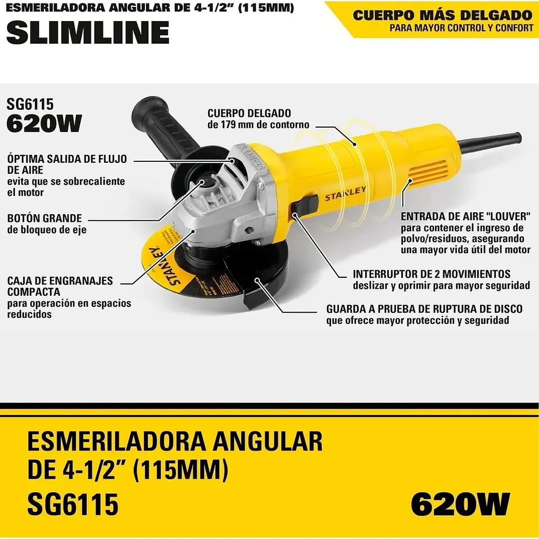 Galletera Esmeril Angular 4 1/2 115mm 620w Stanley Sg6115 5