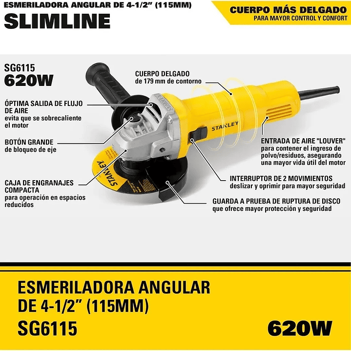 Galletera Esmeril Angular 4 1/2 115mm 620w Stanley Sg6115 5