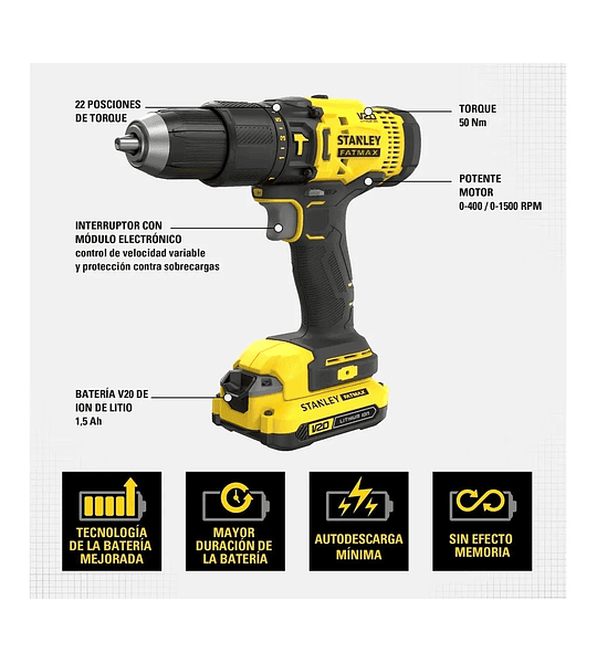 Taladro Atornillador Percutor 13mm 20v 2 bateria + Cargador Stanley