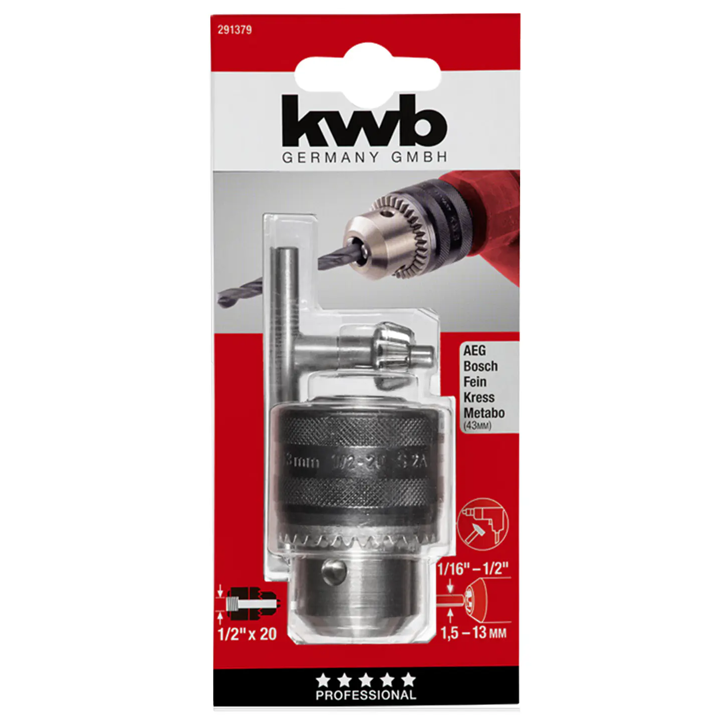 Chuck Mandril De Taladro 13 Mm + Llave Kwb 291379 1