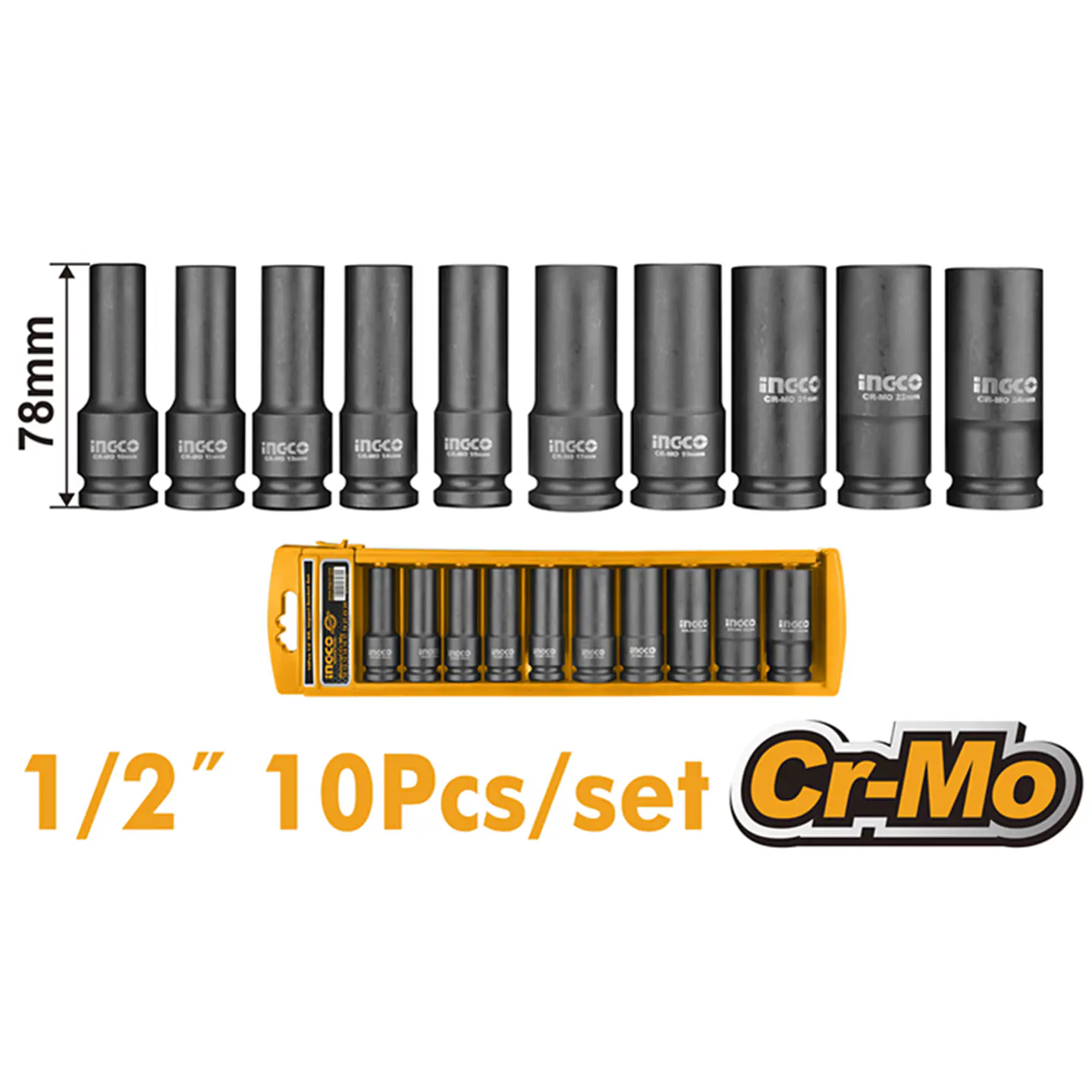 Kit Juego Dados De Impacto Largo 1/2 10 Piezas Ingco 2