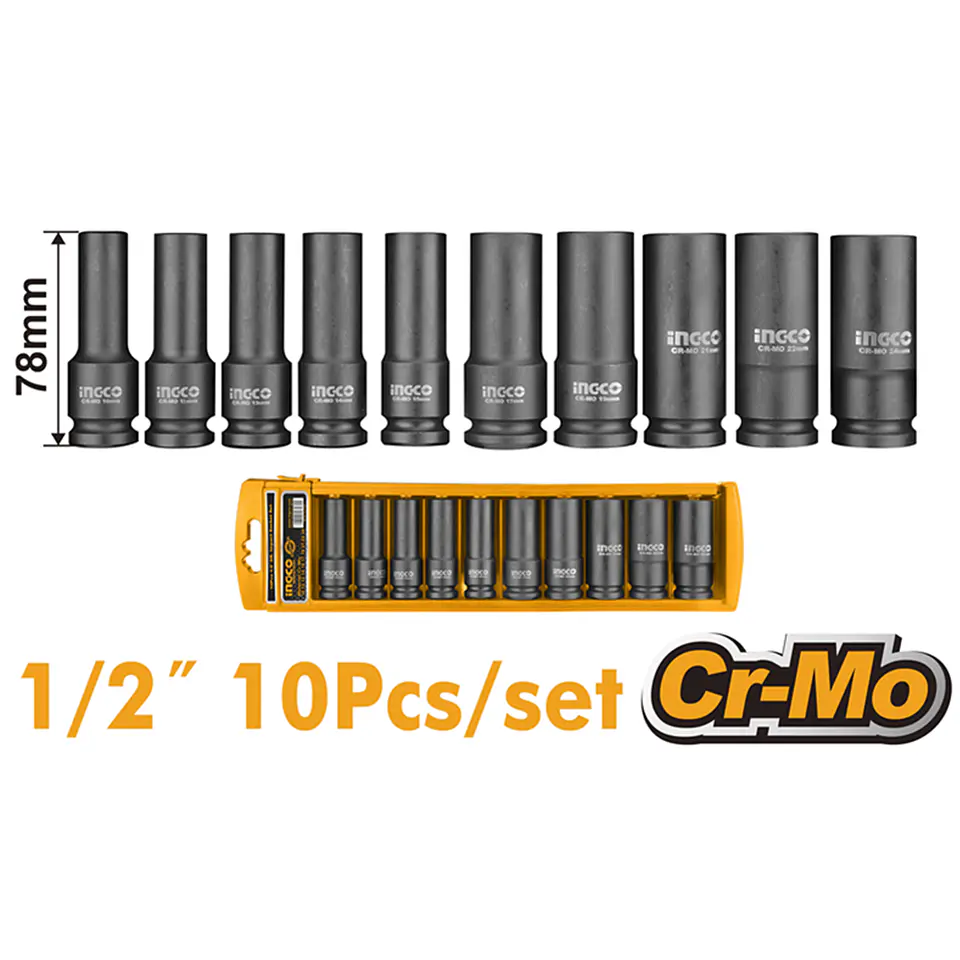 Kit Juego Dados De Impacto Largo 1/2 10 Piezas Ingco 2