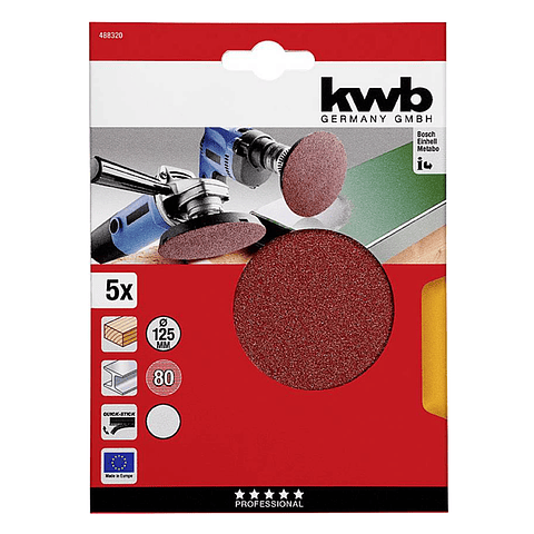 5 Disco Lija Para Pulir 125mm Velcro Grano 80 Kwb 488320